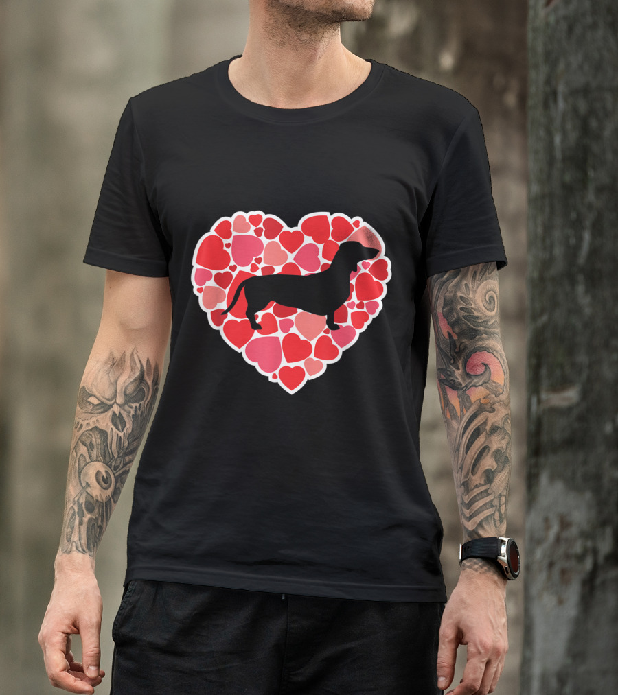 Dachshund Silhouette And Love Hearts For Dog Lovers T-Shirt