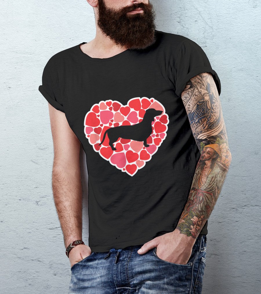 Dachshund Silhouette And Love Hearts For Dog Lovers T-Shirt