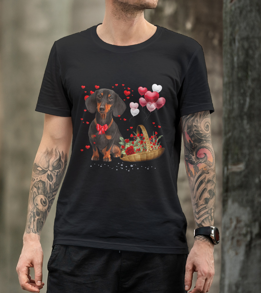 Valentine's Day Dachshund With Heart Balloons And Flower Basket T-Shirt