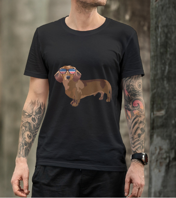 Funny Dachshund Lover American Flag Sunglasses T-Shirt