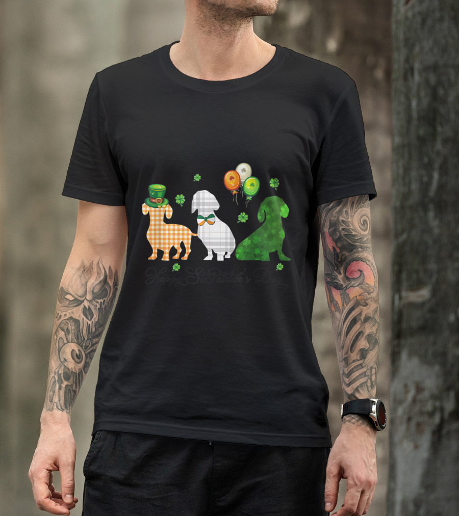 Happy St. Patrick's Day Irish Flag Three Dachshund Dogs Shamrock Balloons T-Shirt