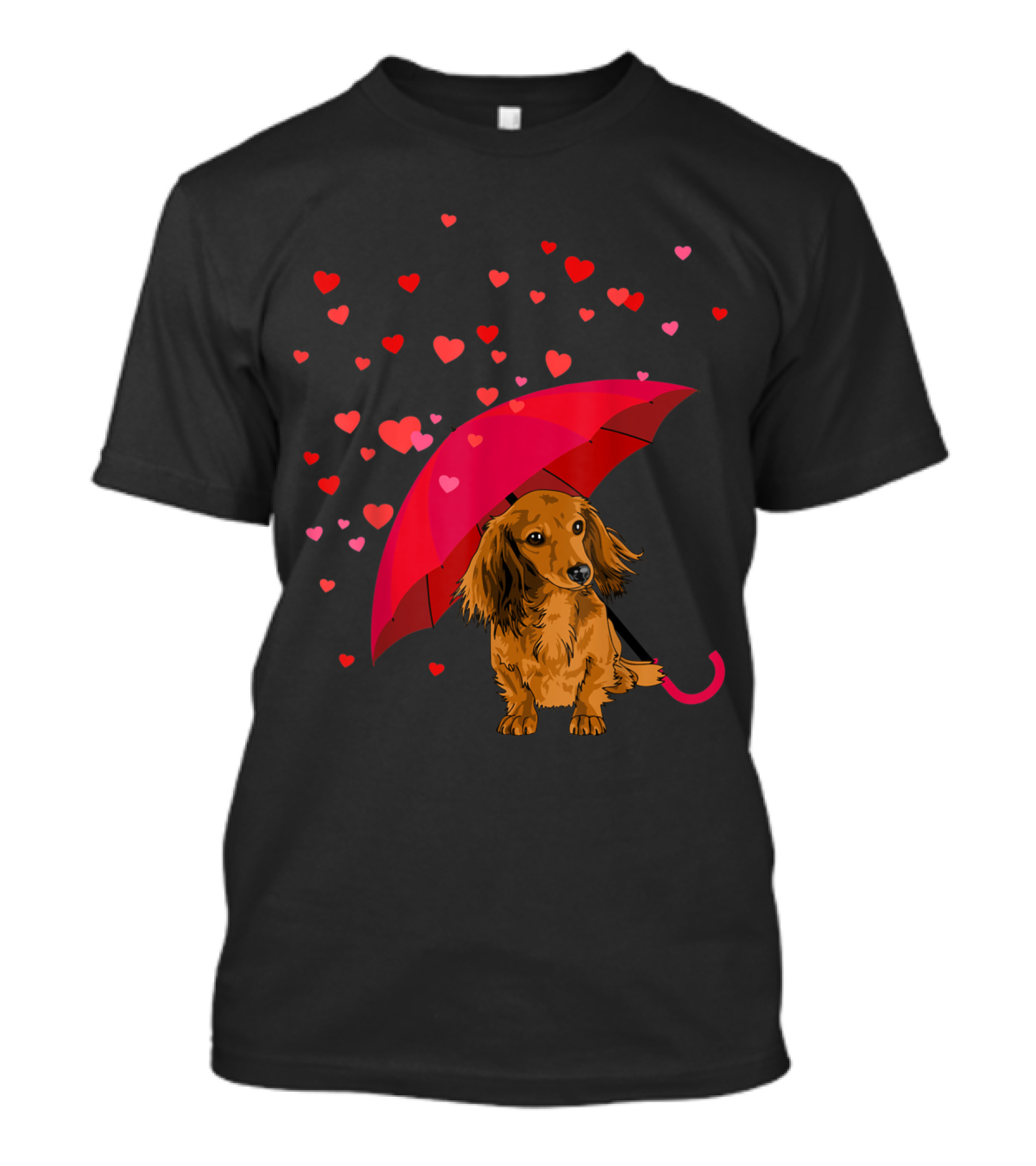 Long Hair Dachshund Under Red Umbrella With Raining Hearts Valentine's Day T-Shirt