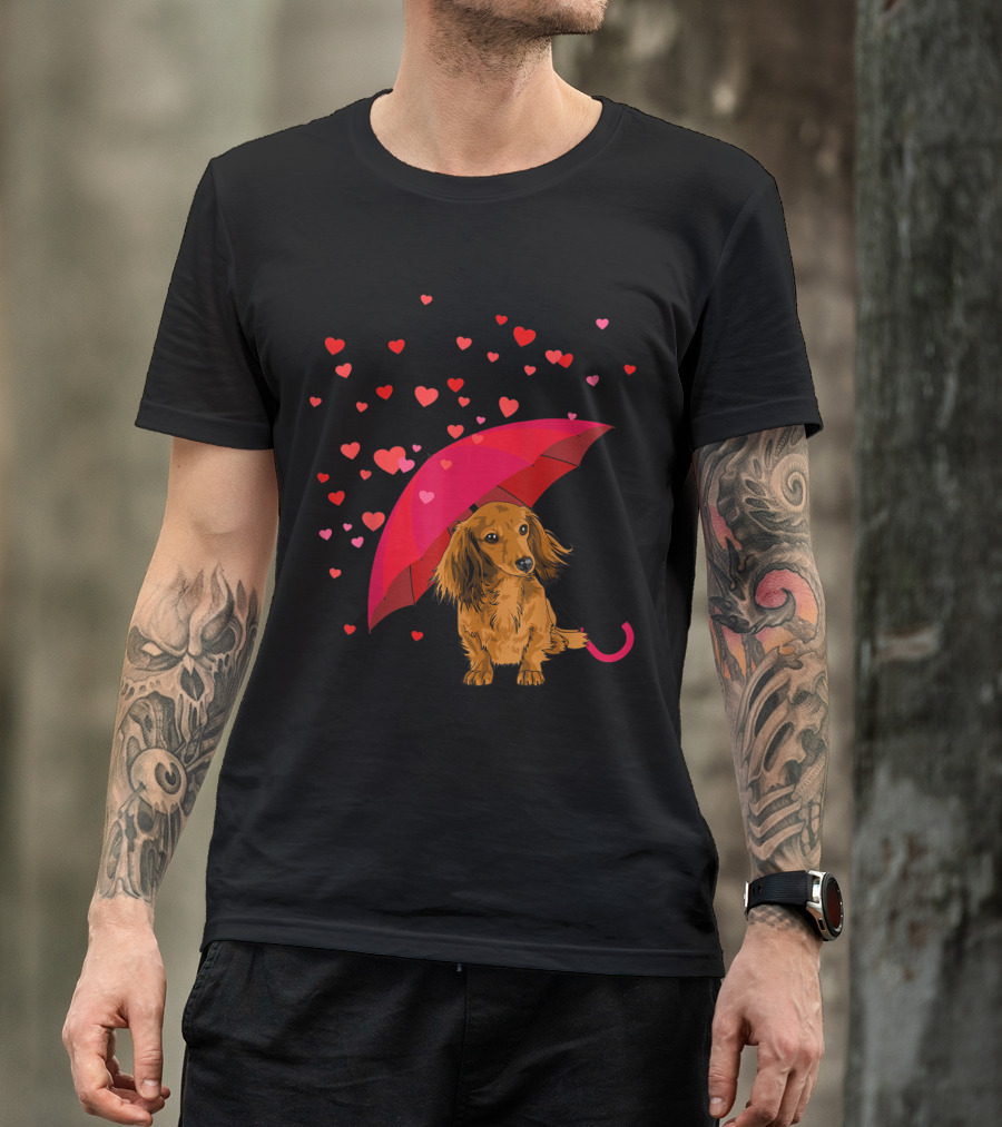 Long Hair Dachshund Under Red Umbrella With Raining Hearts Valentine's Day T-Shirt