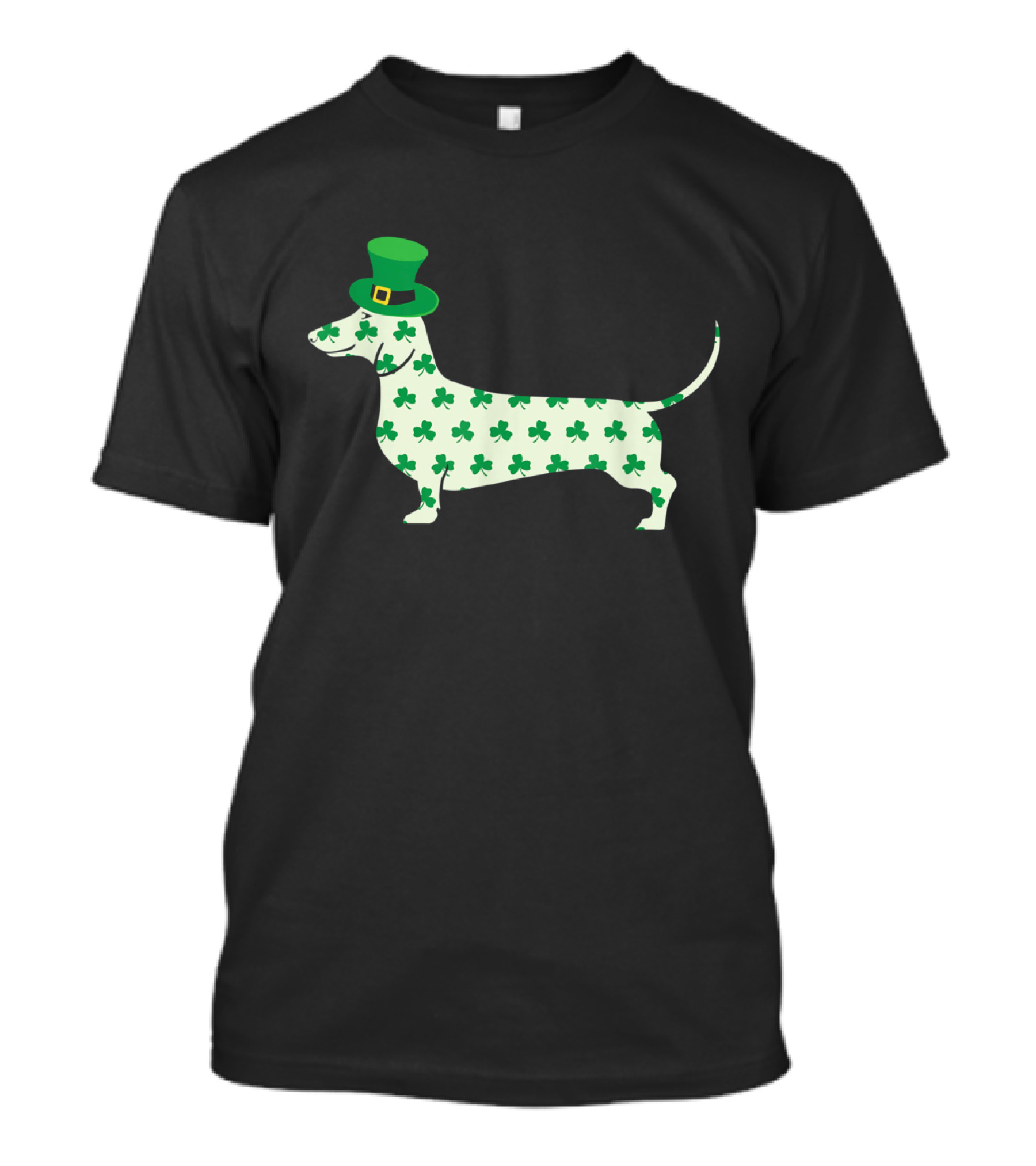 St. Patricks Day Dachshund In Shamrock Pattern With Leprechaun Hat T-Shirt