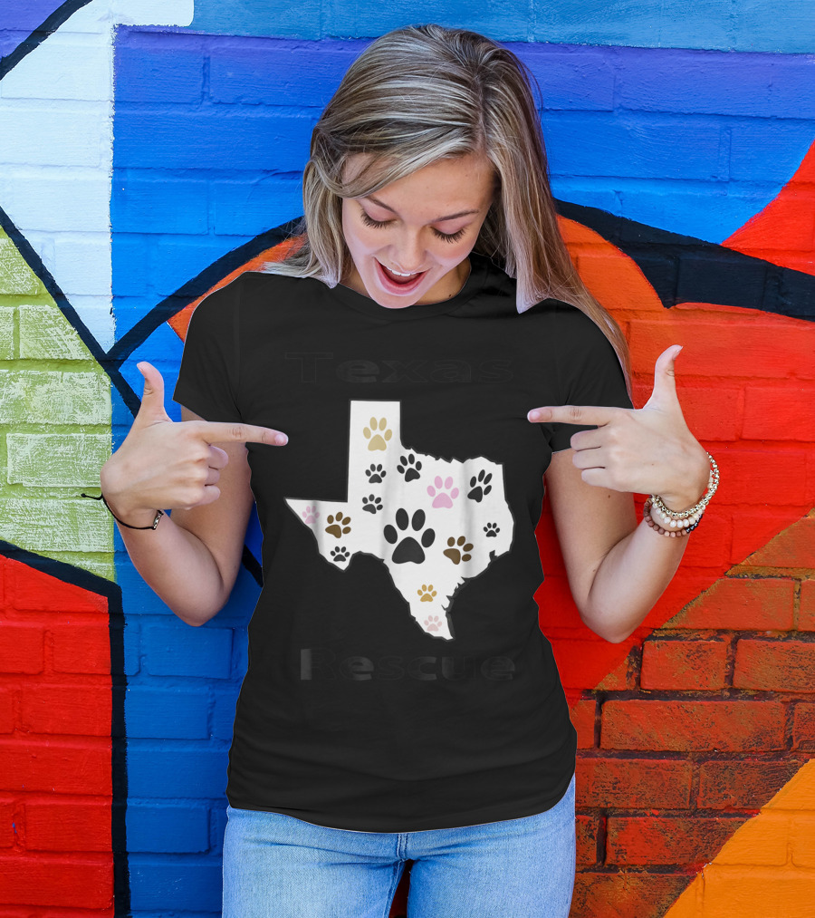 Texas Rescue Map With Multicolored Pet Paw Footprints T-Shirt