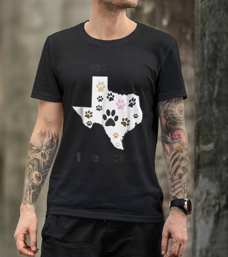 Texas Rescue Map With Multicolored Pet Paw Footprints T-Shirt