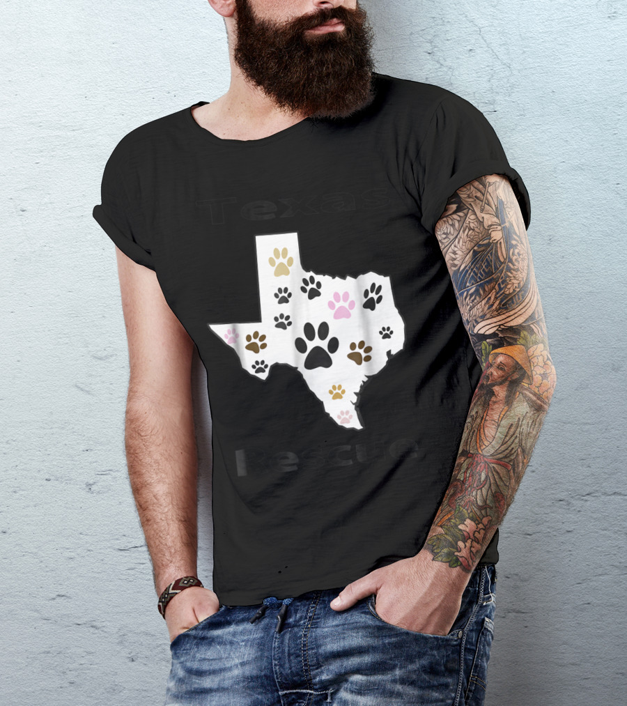 Texas Rescue Map With Multicolored Pet Paw Footprints T-Shirt