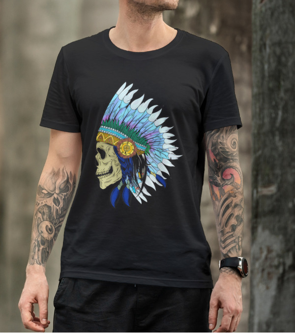 Native American Skull Feathered Indian Headdress T-Shirt