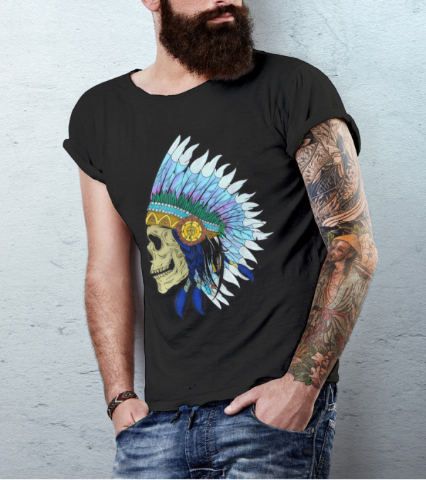 Native American Skull Feathered Indian Headdress T-Shirt