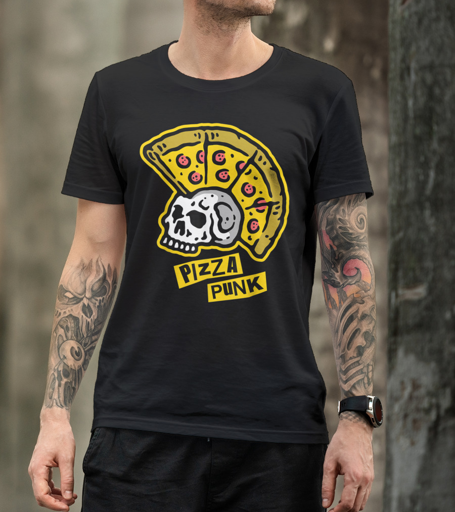 Pizza Punk Skull With Pepperoni Pizza Lover's Mohawk T-Shirt