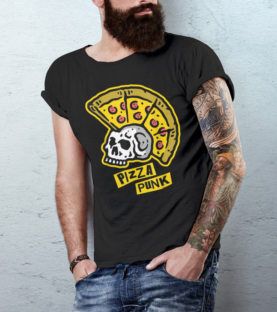 Pizza Punk Skull With Pepperoni Pizza Lover's Mohawk T-Shirt
