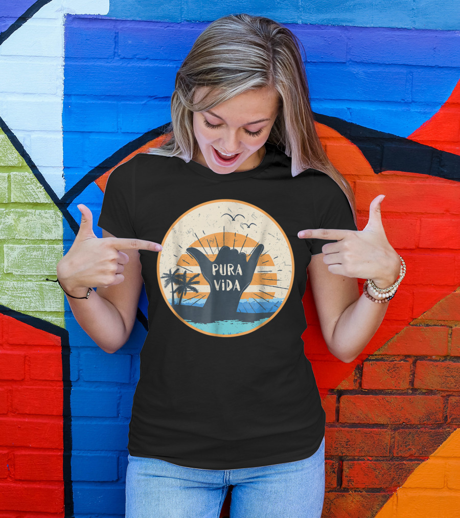 Pura Vida Shaka Sign Costa Rica Surfing Sunset Beach Scene T-Shirt