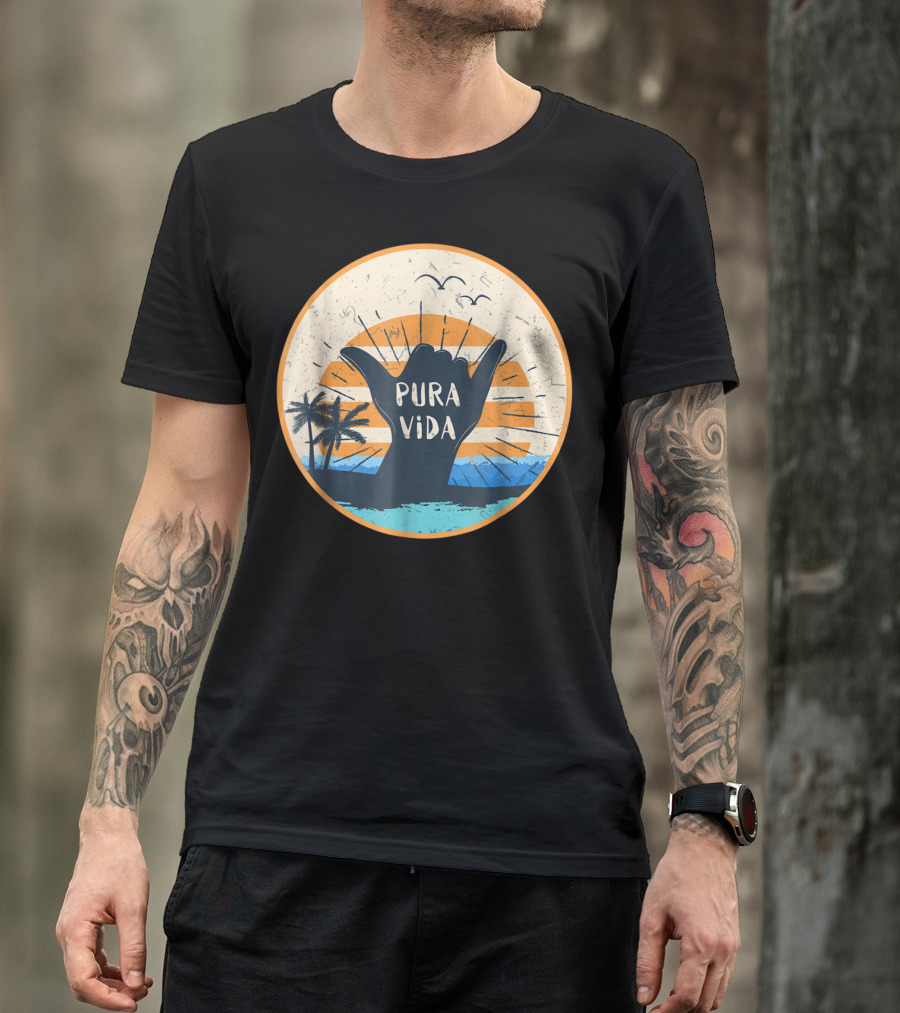 Pura Vida Shaka Sign Costa Rica Surfing Sunset Beach Scene T-Shirt