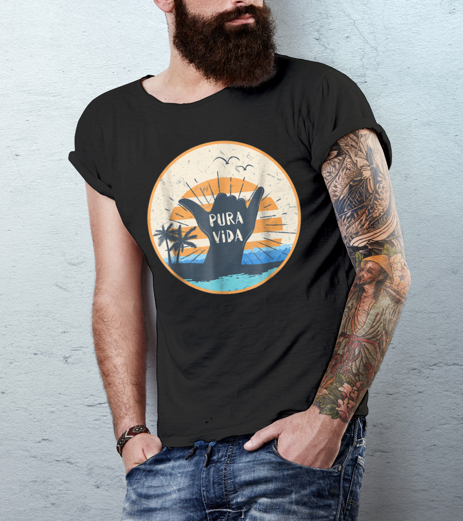 Pura Vida Shaka Sign Costa Rica Surfing Sunset Beach Scene T-Shirt
