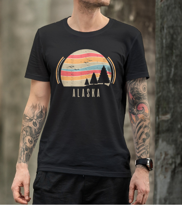 Retro Alaska Home Alaska State Trees Sunset Lines T-Shirt