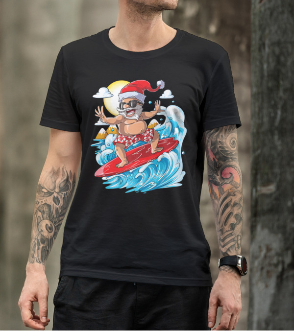 Santa Surfing Hawaiian Christmas Summer Surfing Adventure T-Shirt