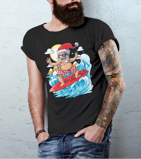 Santa Surfing Hawaiian Christmas Summer Surfing Adventure T-Shirt