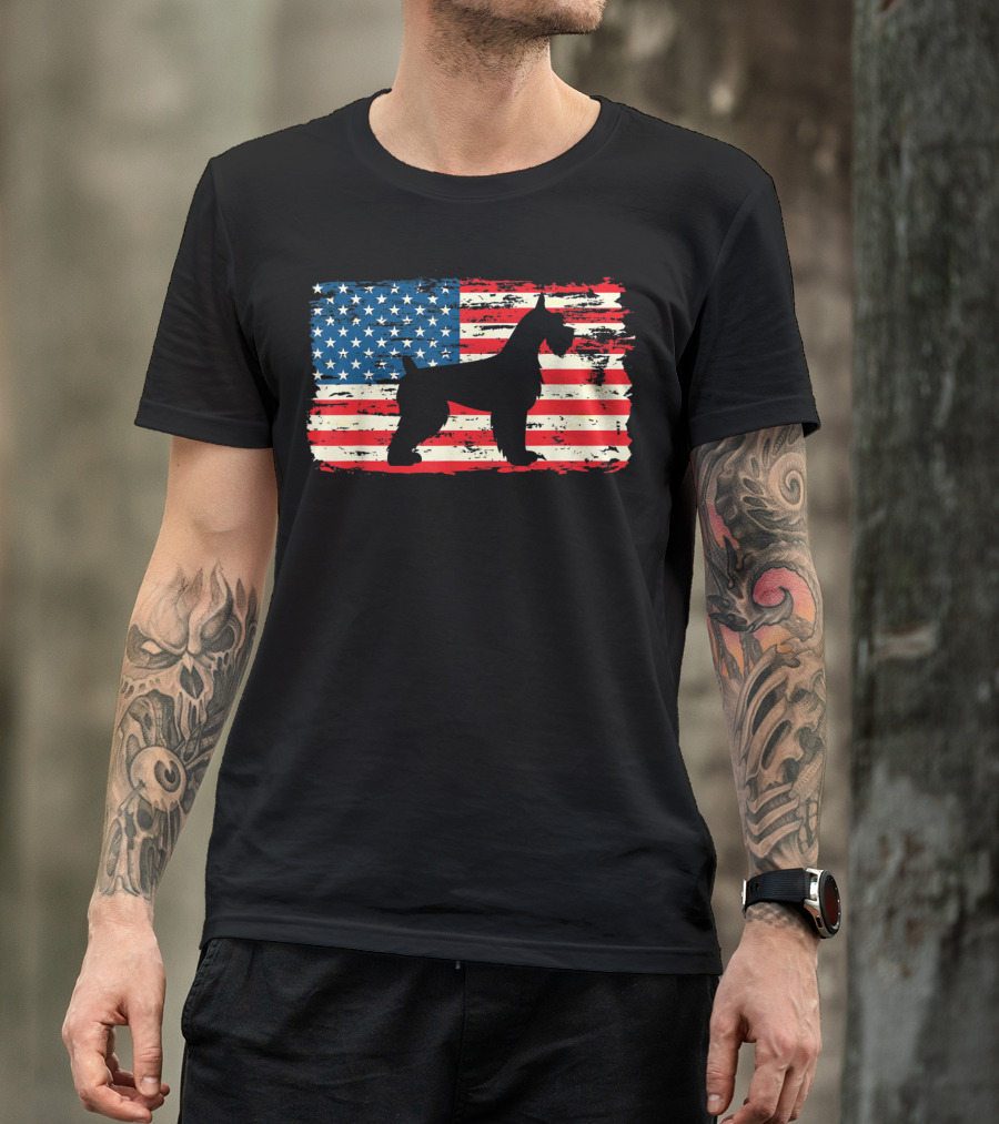 Schnauzer Silhouette With American Flag Background Patriot Dog Breed T-Shirt