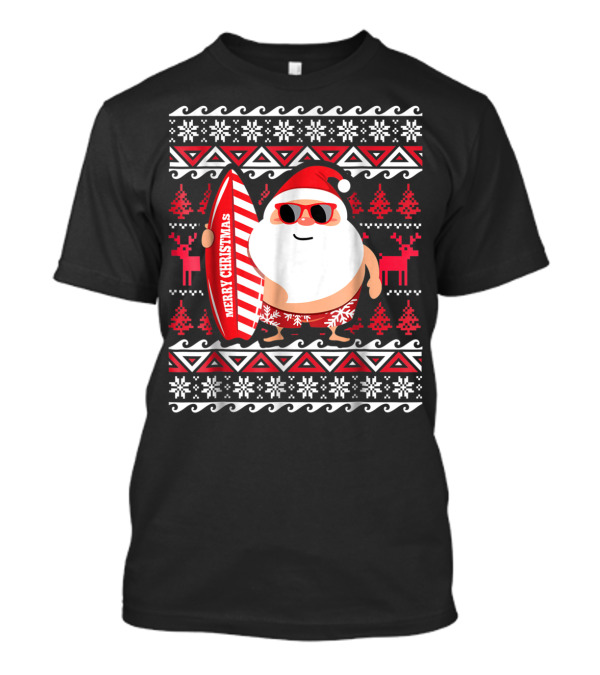 Merry Christmas Surfing Santa Claus Hawaii Red Sunglasses Reindeer Snowflakes T-Shirt
