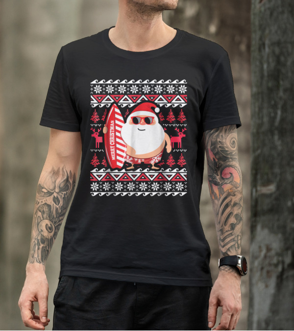 Merry Christmas Surfing Santa Claus Hawaii Red Sunglasses Reindeer Snowflakes T-Shirt
