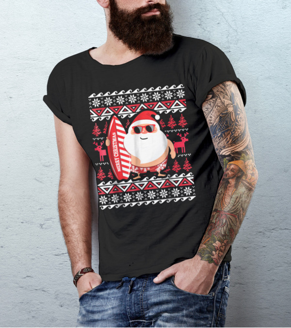 Merry Christmas Surfing Santa Claus Hawaii Red Sunglasses Reindeer Snowflakes T-Shirt