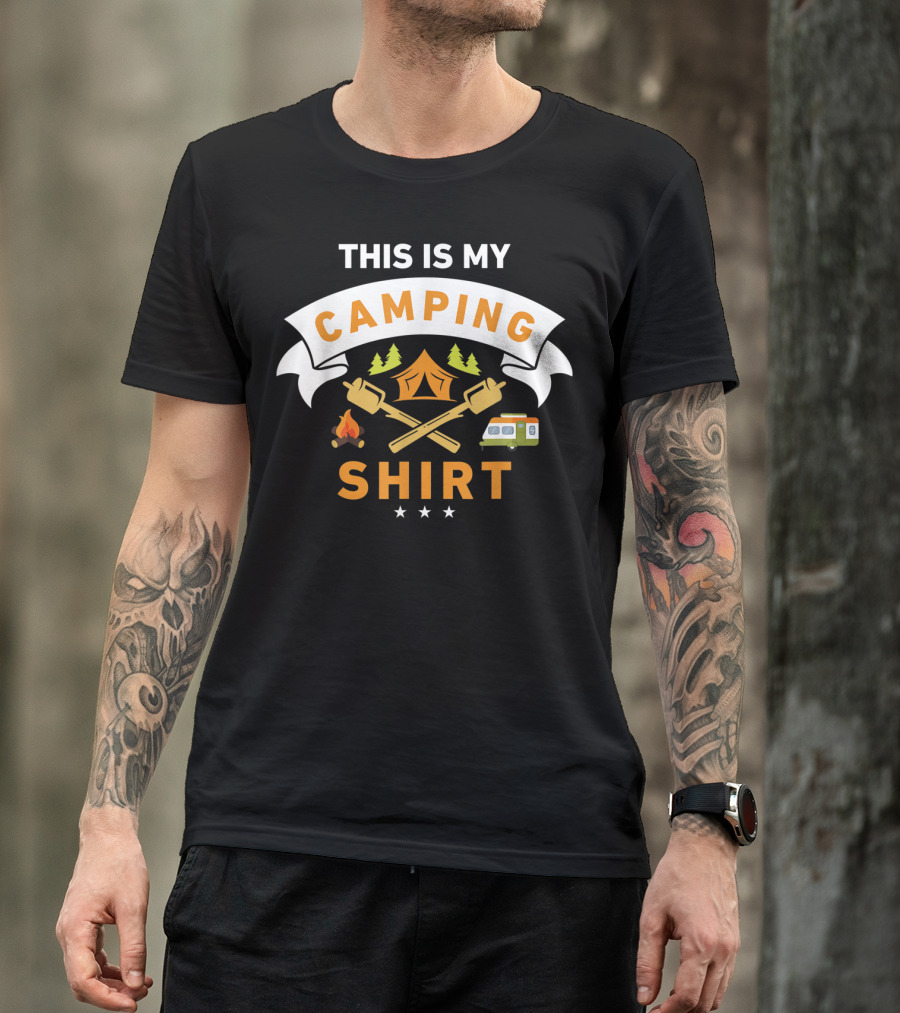 This Is My Camping Shirt Camper Tent Fire Marshmallow Sticks Trees RV T-Shirt