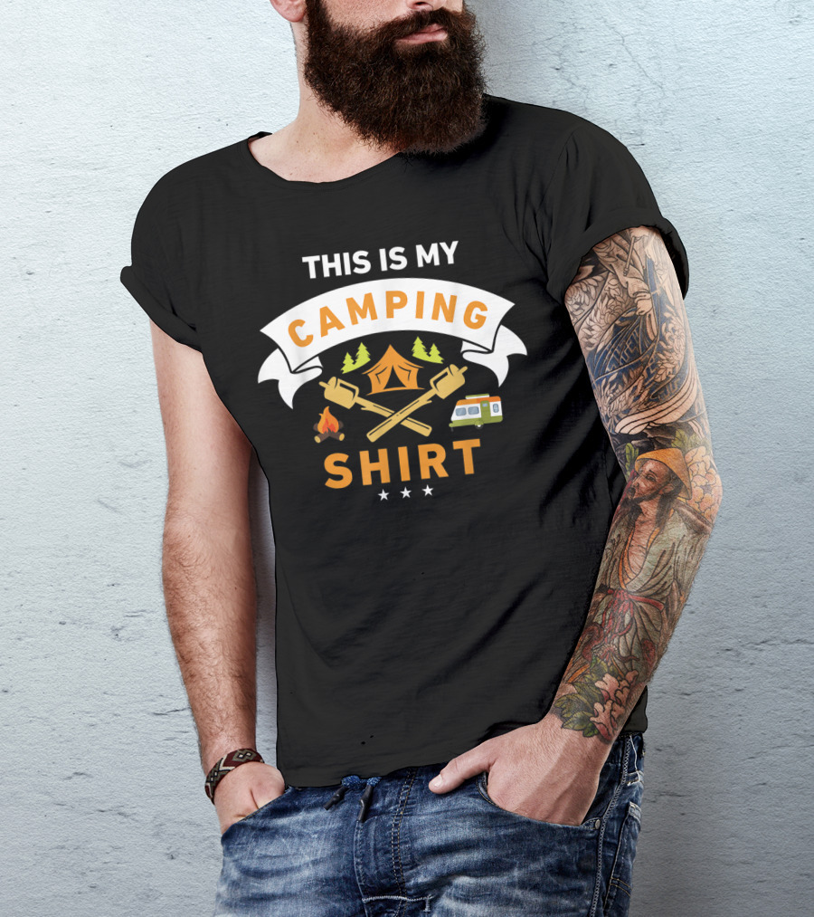 This Is My Camping Shirt Camper Tent Fire Marshmallow Sticks Trees RV T-Shirt