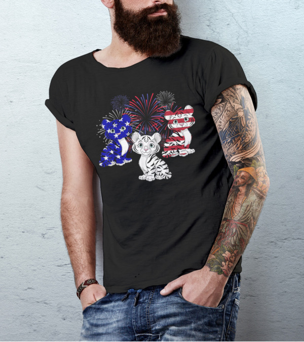 Tigers American Flag Fireworks Independence 4th Of July T-Shirt