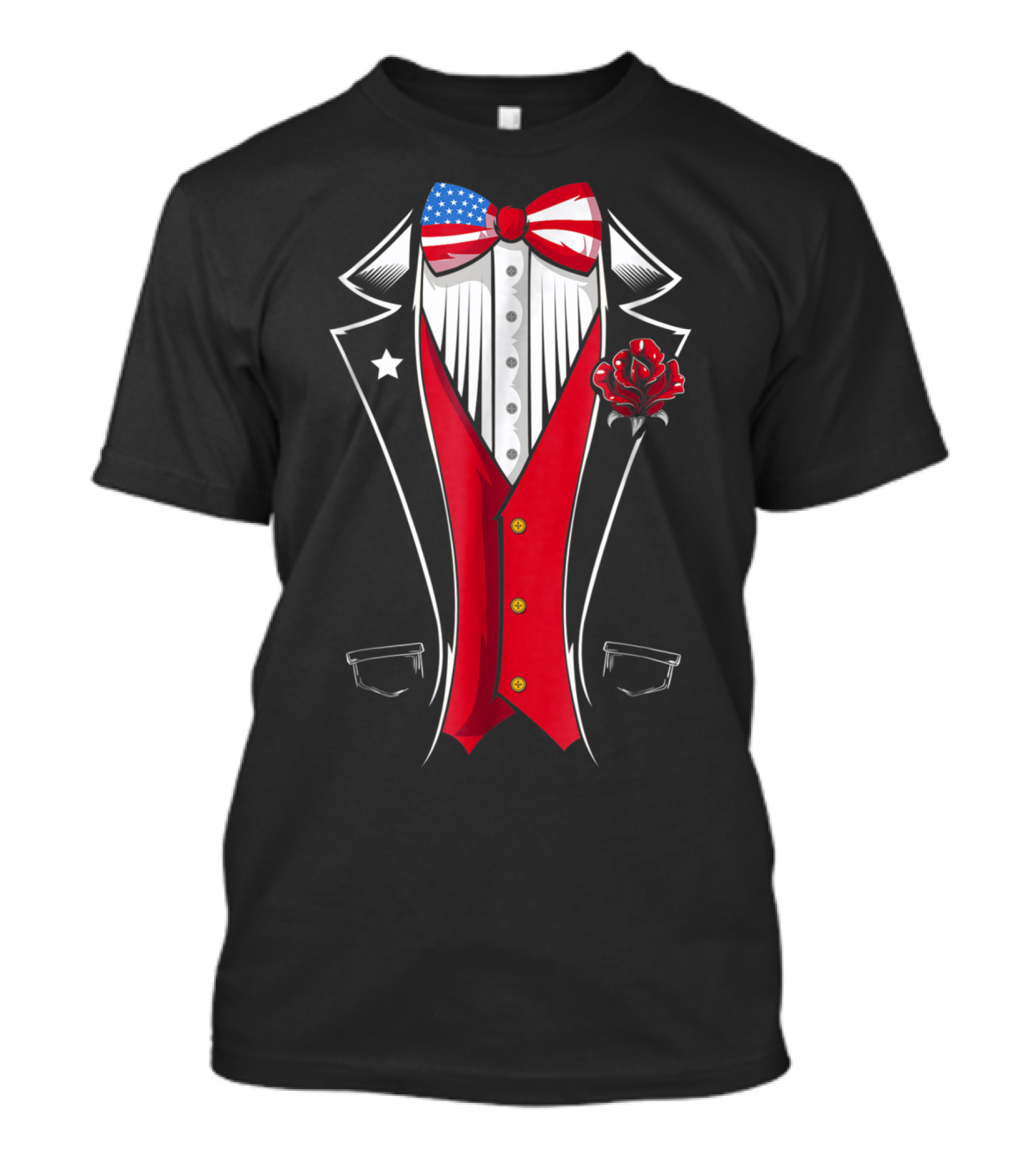 USA Flag Bow Tie Tuxedo Formal Costume With Red Rose Lapel T-Shirt