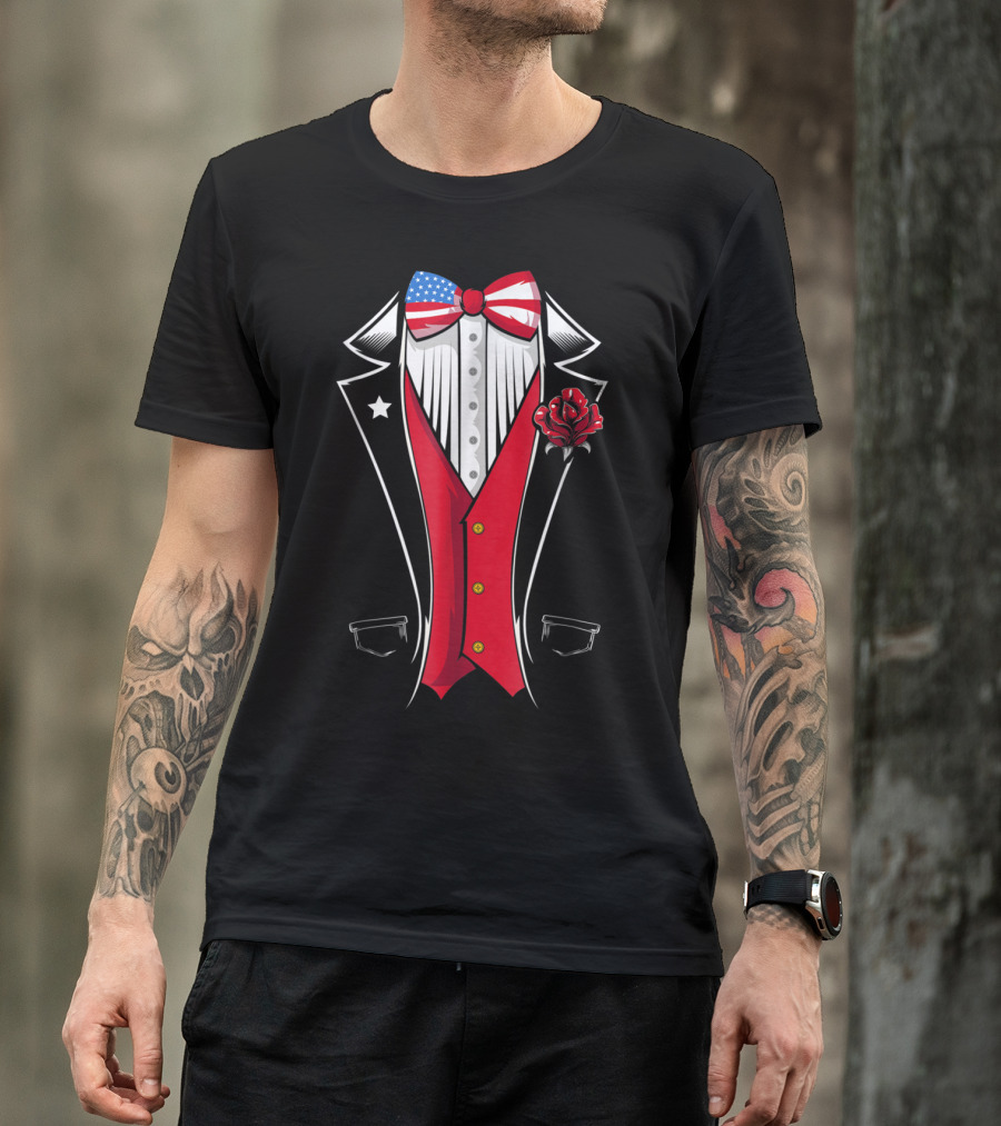 USA Flag Bow Tie Tuxedo Formal Costume With Red Rose Lapel T-Shirt