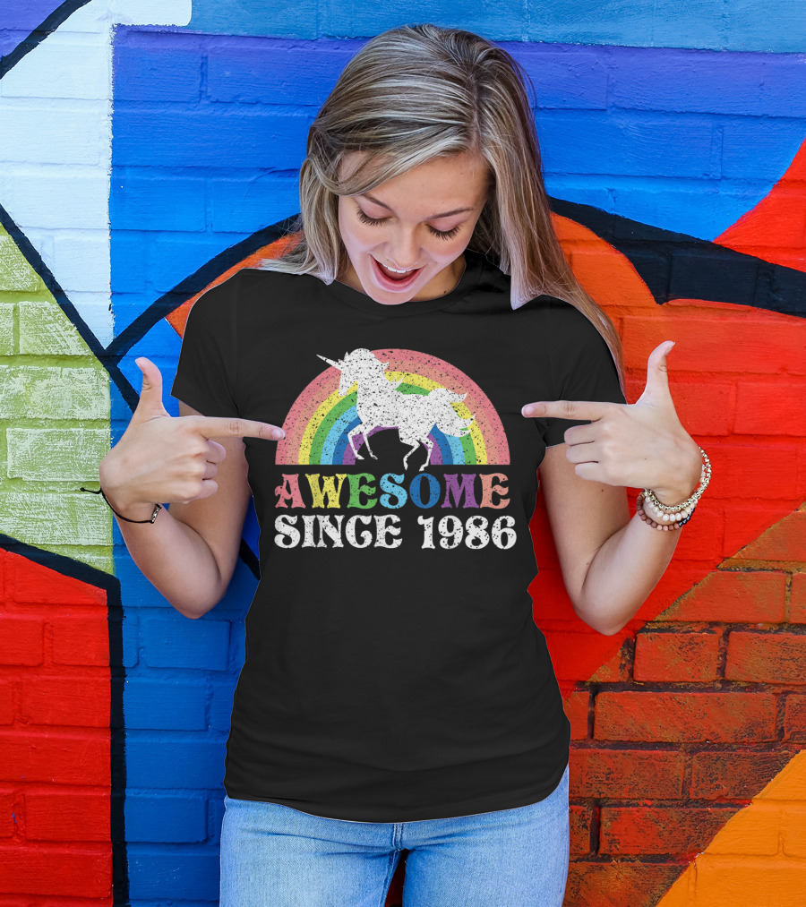 Awesome Since 1986 Unicorn Birthday Rainbow T-Shirt