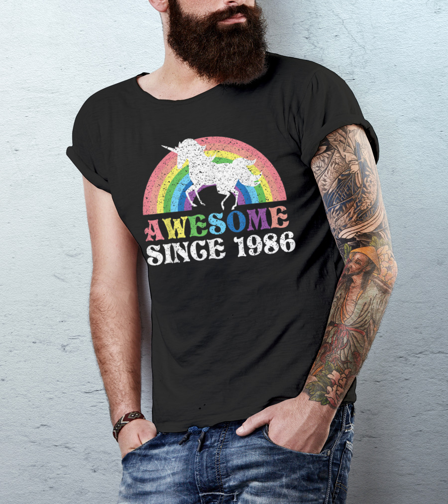 Awesome Since 1986 Unicorn Birthday Rainbow T-Shirt