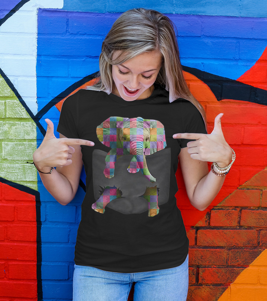 Tiny Elephant In Pocket Save The Elephant Patchwork Colorful T-Shirt