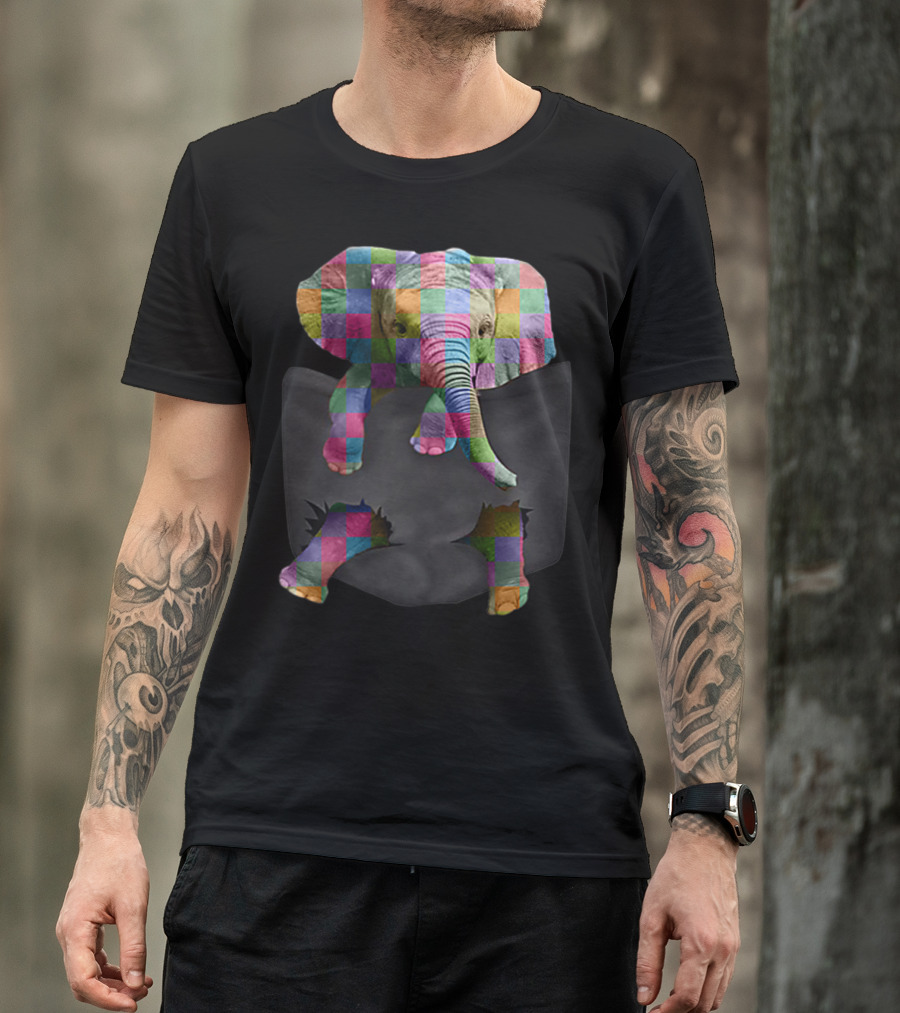 Tiny Elephant In Pocket Save The Elephant Patchwork Colorful T-Shirt