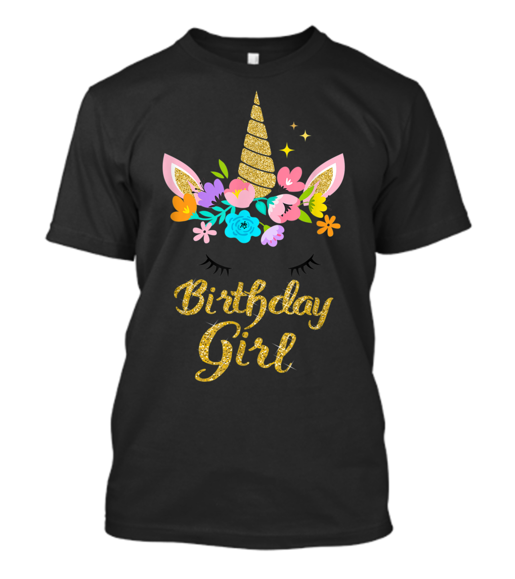 Birthday Girl Unicorn Floral Headband Gold Sparkle T-Shirt