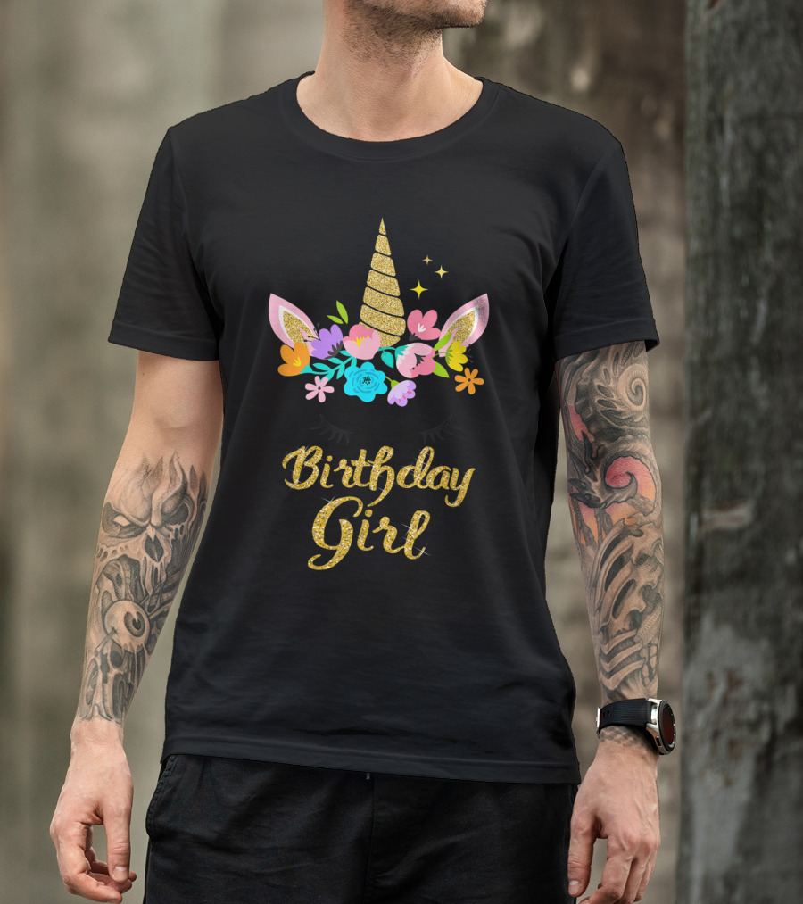 Birthday Girl Unicorn Floral Headband Gold Sparkle T-Shirt