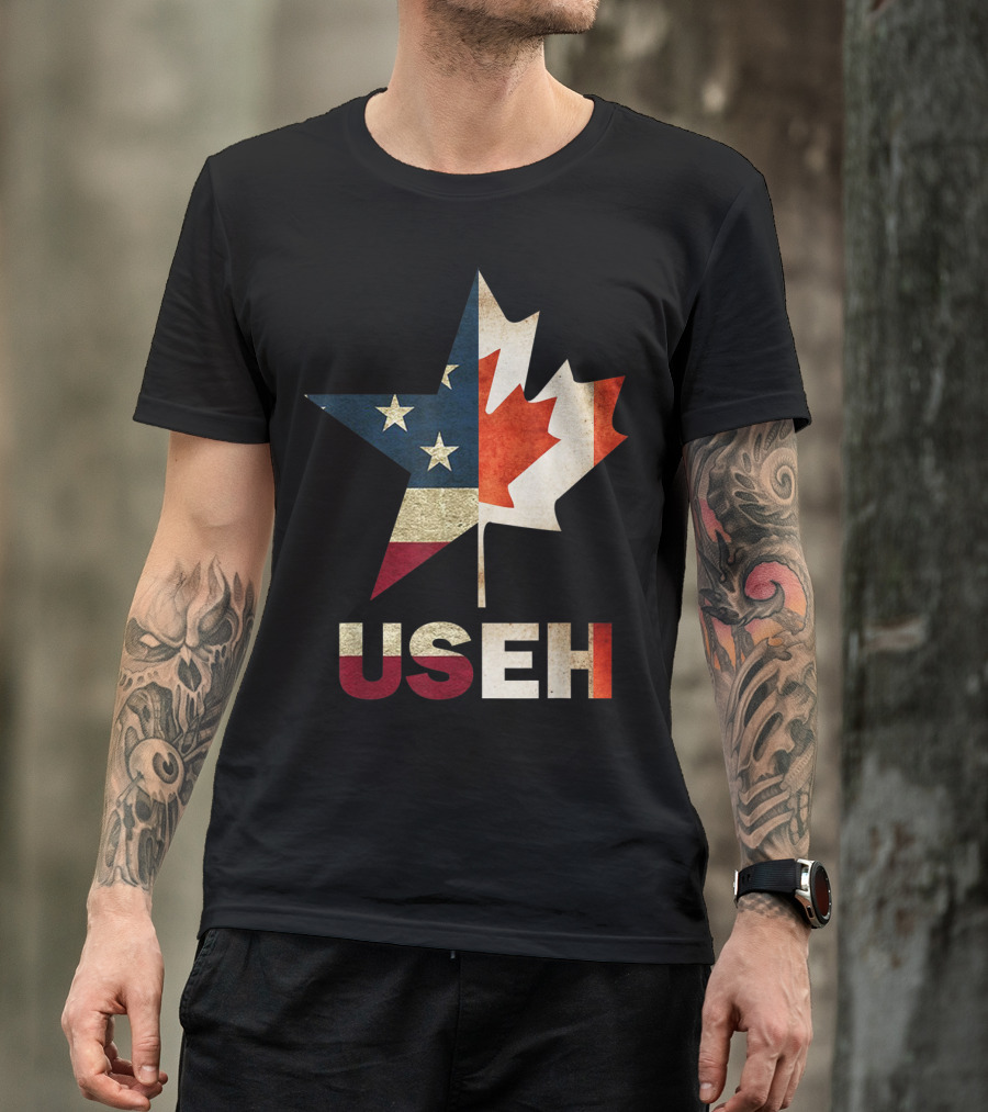 Useh Leaf American Star Canadian Flag Canada USA T-Shirt