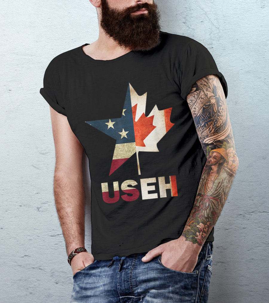 Useh Leaf American Star Canadian Flag Canada USA T-Shirt