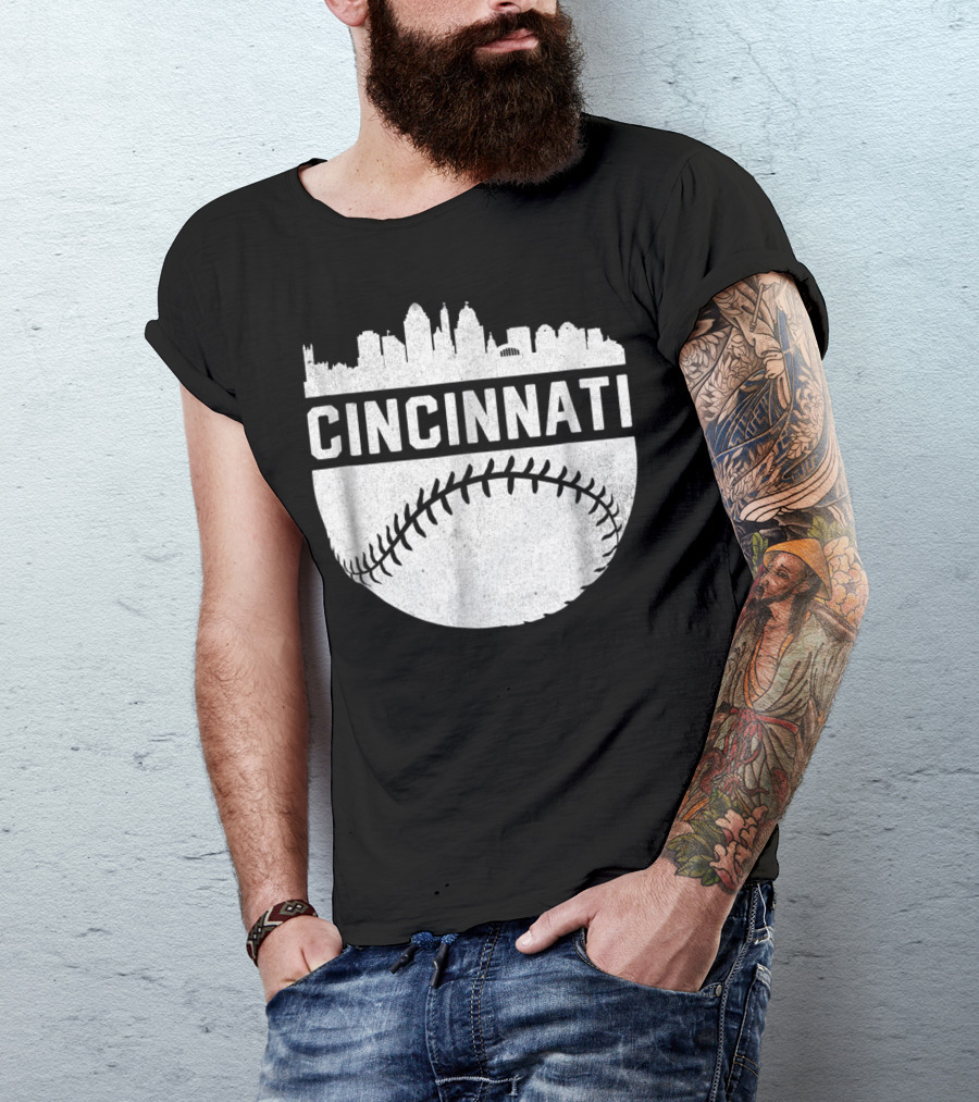 Cincinnati Ohio Skyline Vintage Baseball T-Shirt