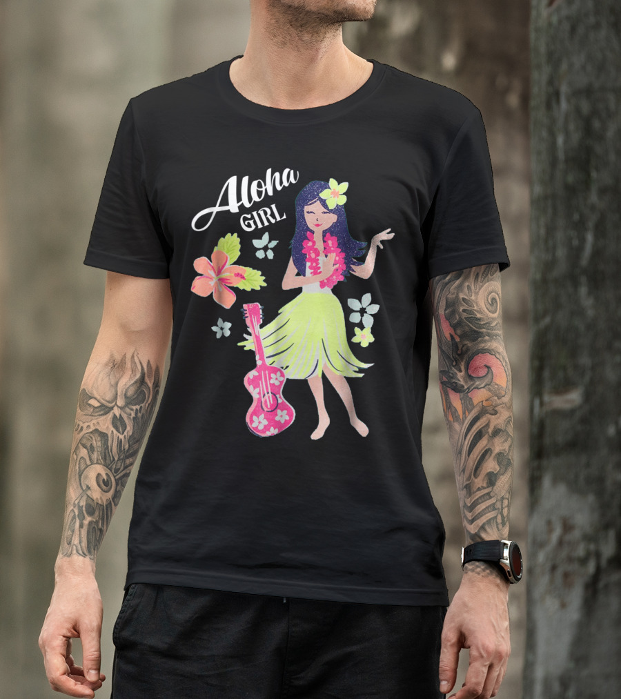 Aloha Girl Hula Dancing With Tropical Flowers And Ukulele T-Shirt