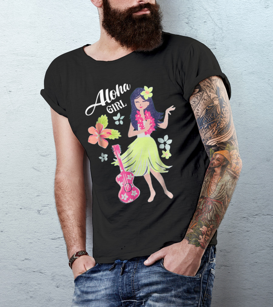 Aloha Girl Hula Dancing With Tropical Flowers And Ukulele T-Shirt