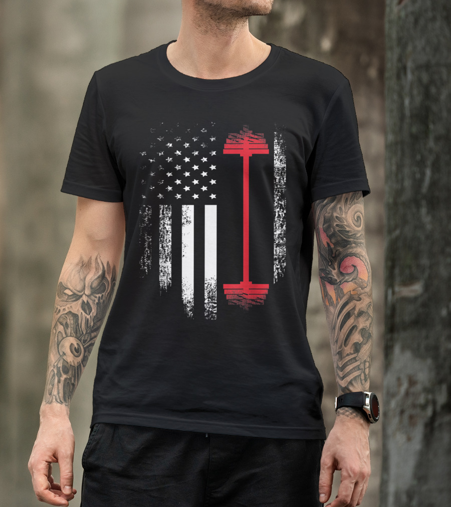 Vintage USA Red White Barbell American Flag Gym T-Shirt