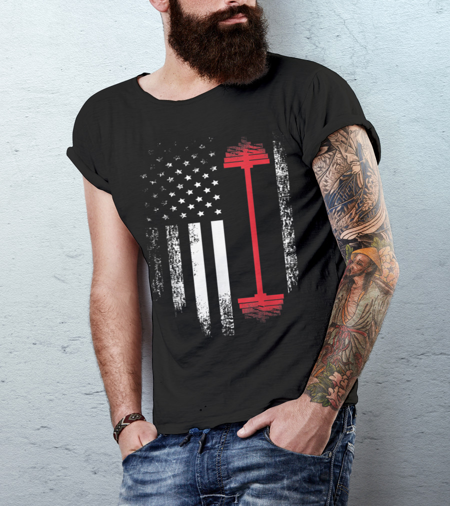 Vintage USA Red White Barbell American Flag Gym T-Shirt