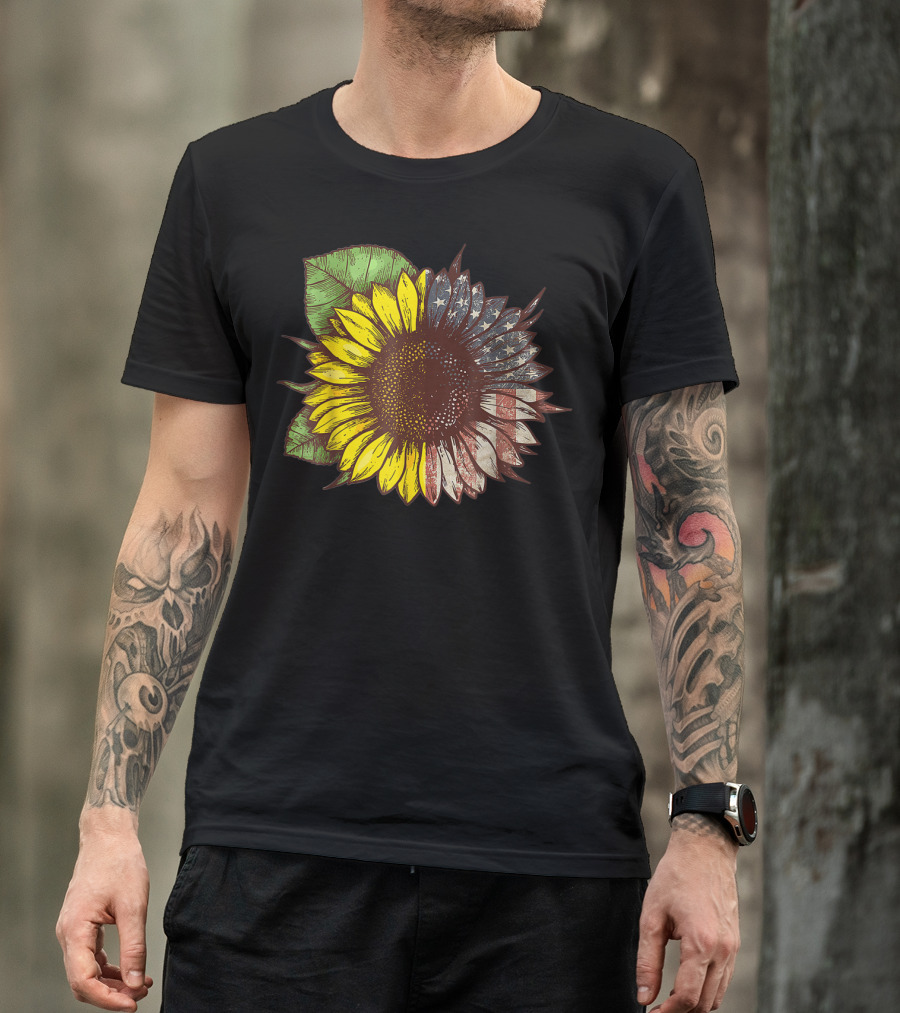 Hippie Sunflower Blended With American Flag Elements T-Shirt