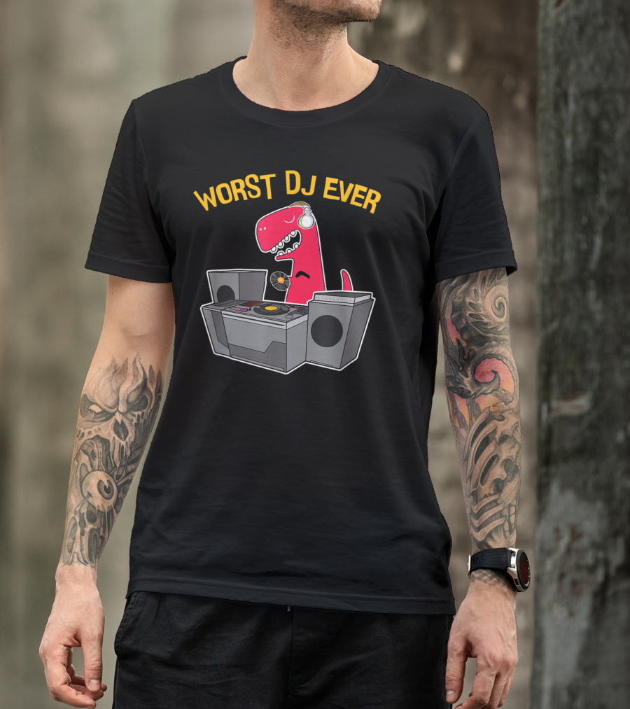 Worst DJ Ever Funny Rex Dinosaur With Headphones And Turntables T-Shirt