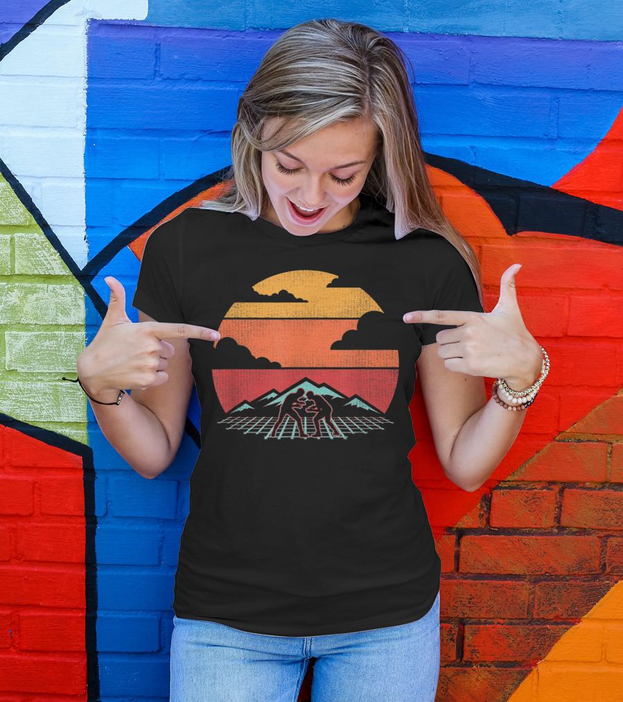 Wrestling Vintage 80s Style Coach Retro Sunset Silhouette With Mountains And Grid T-Shirt