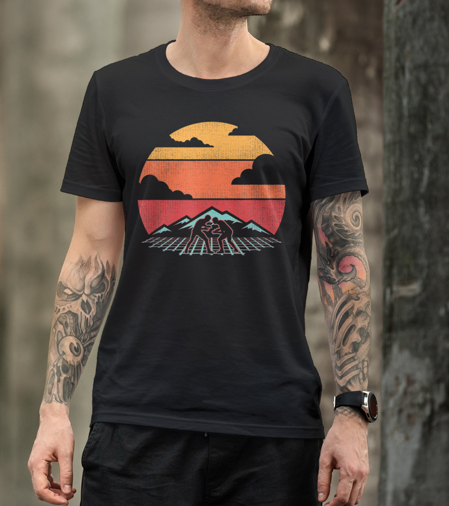 Wrestling Vintage 80s Style Coach Retro Sunset Silhouette With Mountains And Grid T-Shirt