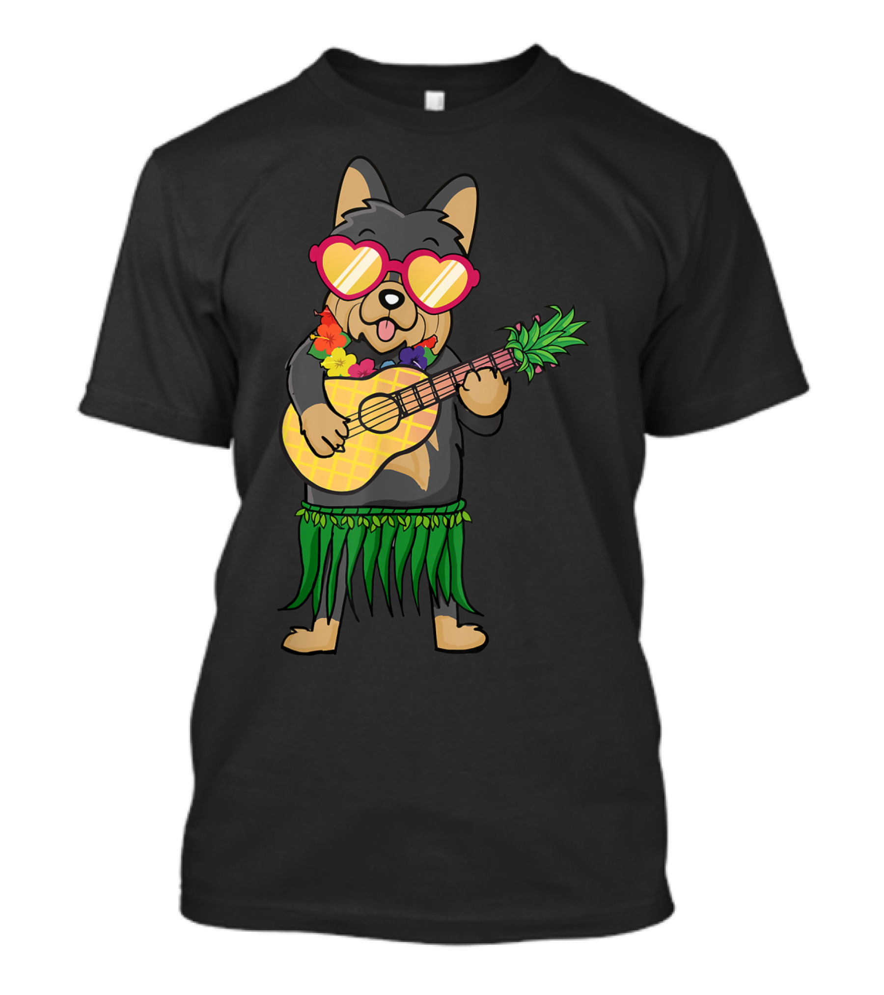 Yorkshire Terrier In Hawaiian Costume With Ukulele And Heart Sunglasses T-Shirt