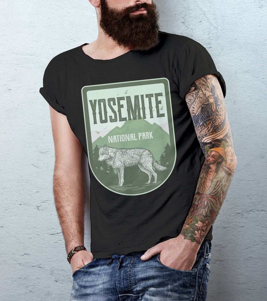 Yosemite National Park Wolf Emblem With Mountains And Forest Background T-Shirt
