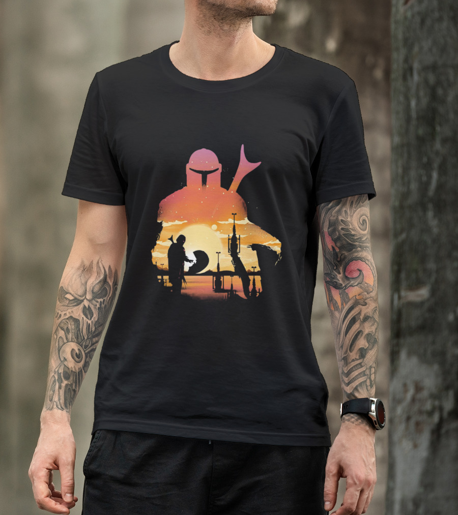 The Mandalorian Sunset Silhouette With Bounty Hunter And Child In Desert Scene T-Shirt
